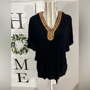 Black Beaded V-Neck Women's Top